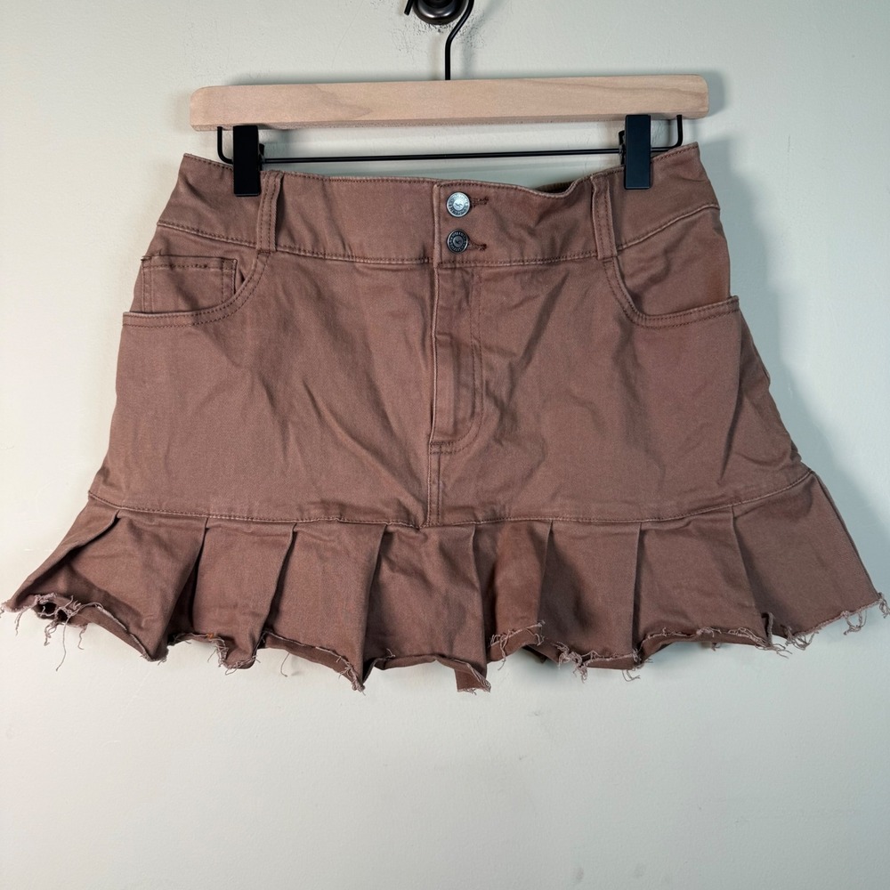 Hollister Brown Pleated Frayed Hem HIgh Rise Mini Skirt Size Medium